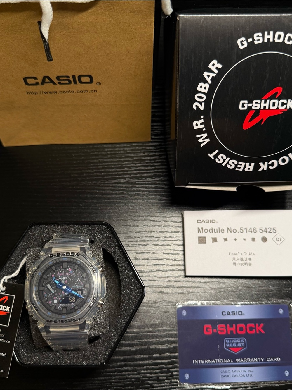 Casio G-Shock Clear Transparent Watch with Black Dial and Blue Accents